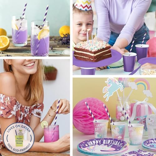 7.75" Purple Straws, Purple Striped Paper Drinking Straws, Party Straws 100