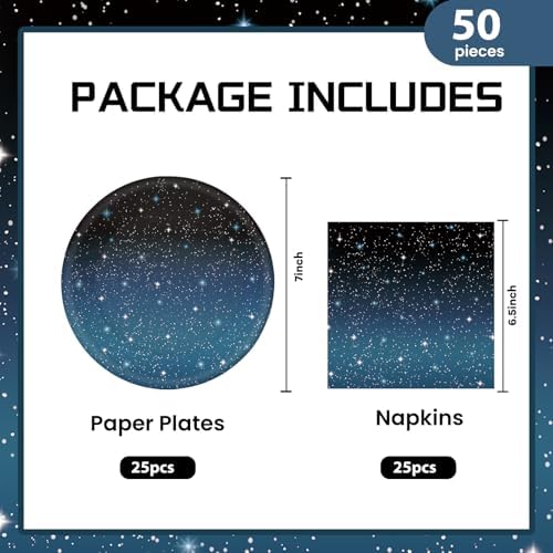50Pcs Space Plates and Napkins Party Supplies, Disposable Galaxy Starry Night Theme Plates Napkins Star Tableware Set for Outer Space Birthday Party Decorations (Galaxy)