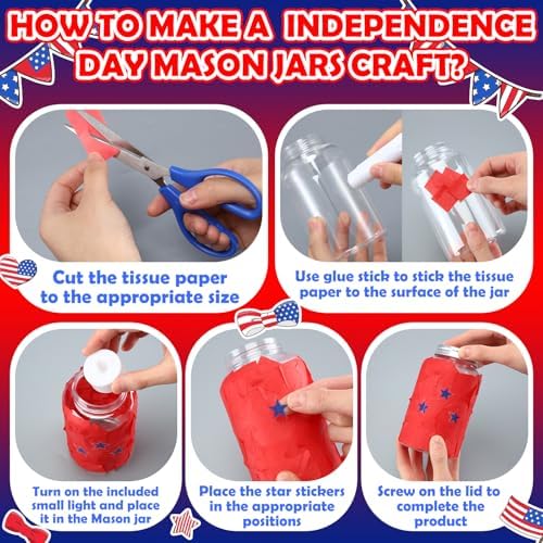 Qinyoung 12 Pcs Memorial Day Crafts Independence Day Mason Jars Craft with LED Candle Light DIY 250th Anniversary Patriotic 4th of July Decorations for Memorial Independence Projects Activity