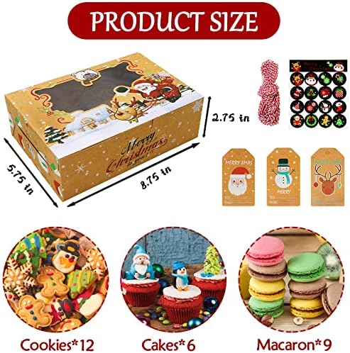ZMCINER 12 PCS Christmas Cookie Boxes with Window Christmas Bakery Boxes Treat Boxes Baking Boxes for Gift Giving for Pastries, Cupcakes, Brownies, Brown Kraft Bakery Boxes 8.75 x 5.75 x 2.75 Inches