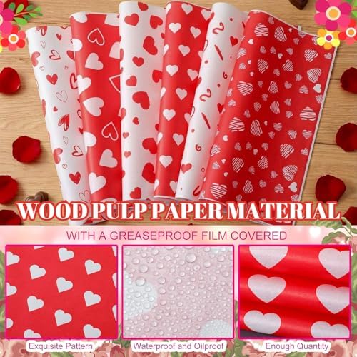 Ireer 300 Pcs Red Heart Wax Paper Sheets Parchment for Food Deli Paper 12x12 Inch Waterproof 6 Style Heart Valentine Mom Teacher Gift Wrapping Picnic Basket Liners Greaseproof Wrapping Wedding Party