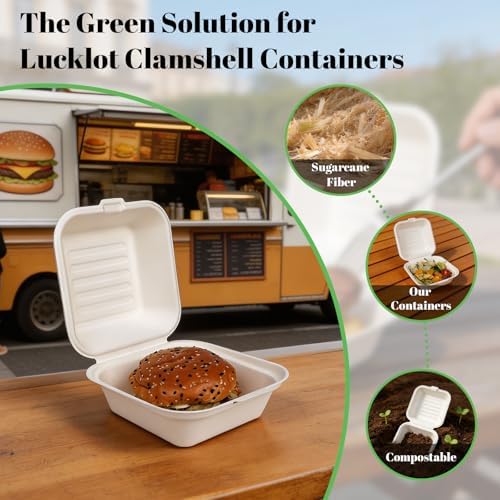 Lucklot 100 Pack 6×6 Inch White Compostable Bagasse Takeout Food Containers