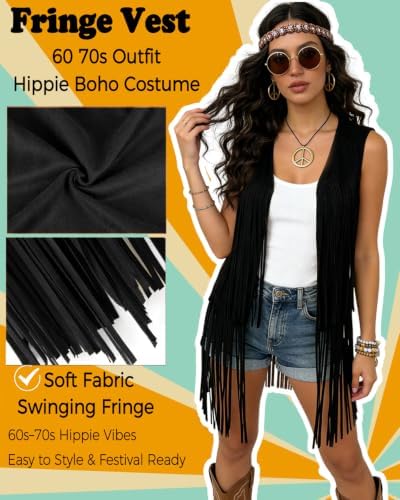 60s 70s Outfit for Women Hippie Costume Clothes Fringe Vest Accessories
