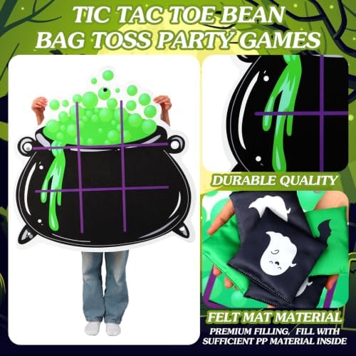 Hollowfly Halloween Tic Tac Toe Bean Bag Game Bubbling Cauldron Party Favors Bean Pillow Cushion Family Night Halloween Activities 1 Pot Felt Mat 10 Bats and Ghosts Bags for Outdoor Yard Background