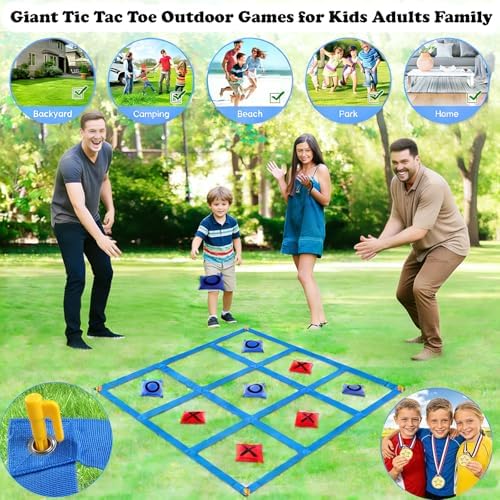2-in-1 Outdoor Giant Tic Tac Toe Bean Bag Toss Games for Kids Adults Egg Spoon Relay Race Game, 4X4FT Large Lawn Yard Games Backyard Outside Family Reunion Birthday Party Field Day Outdoor Fun Games