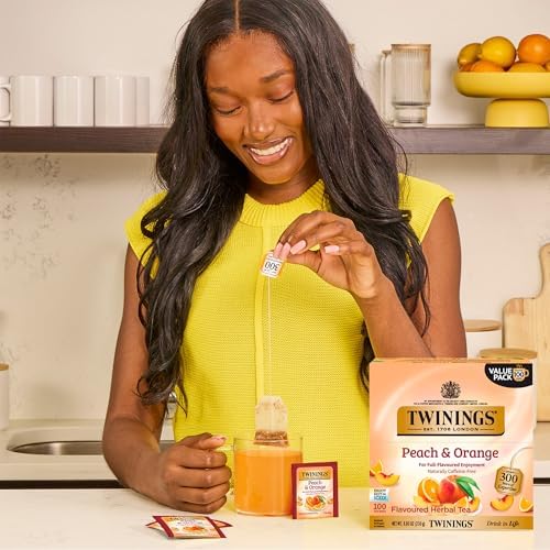 Twinings Peach & Orange Herbal Tea Individually Wrapped Bags, 100 Count (Pack of 1), Juicy & Fruity, Naturally Caffeine-Free, Enjoy Hot or Iced, 100 Teabags