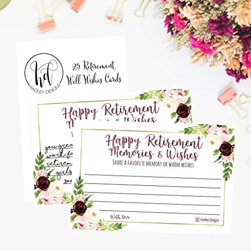 Hadley Designs 25 Floral Retirement Party Advice, Well Wish Card for Men or Women, Decoration Happy Retiree Celebration Gift, Bucket List Wish Jar and Personalized Retired Centerpiece