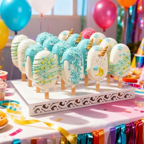 Metal Cakesicle Display Stand with Vine Pattern, 16 Holes, 10.24 x 7.09 x 1.06 Inch, Pre-Assembled Party and Wedding Dessert Holder (White)