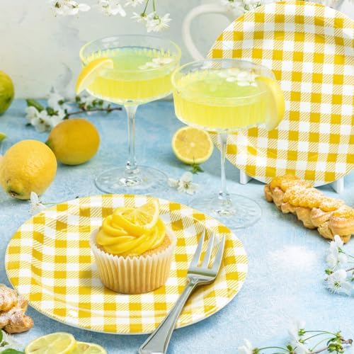 Vyntra 50 Pcs Yellow Gingham 7 Inch Round Paper Dessert Plates