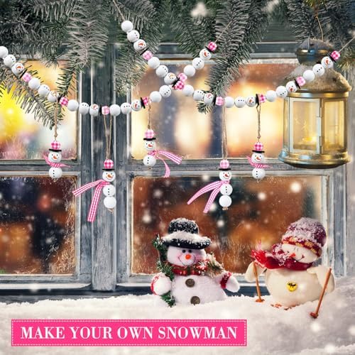 Landical 180 Piece Summer Christmas in July DIY Christmas Snowman Wooden Bead Crafts DIY Ornaments Buffalo Plaid Wood Round Bead Xmas Print Wooden Beads with Twine Scarf for Crafts(Pink Color)