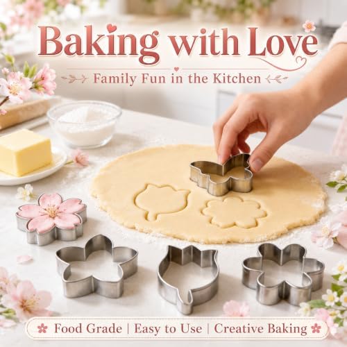 Flower Cookie Cutter Set, 6 PCS Tulip, Cherry Blossom, Frangipani, Daisy, Sunflower, Butterfly, Stainless Steel Holiday Cookie Cutter Shapes for Baking Biscuit Molds