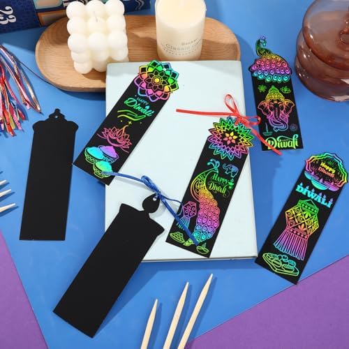 AUGSUN 96Pcs Diwali Scratch Art Bookmarks Indian Crafts for Kids