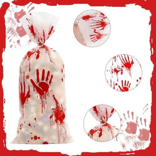 100 PCS Halloween Cellophane Treat Bags(5x11 Inch) with Ties Horror Ghost Blood Theme Trick or Treat Bag Goodie Candy Gifts Bags Pouches for Halloween Wicked Party Favors Supplies Birthday Decorations