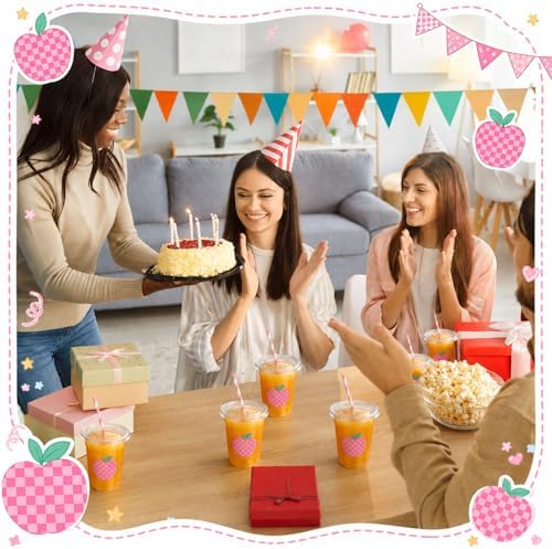 Funnymoom 50 Sets Back to School Apple Disposable Plastic Cups Bulk with Lids Straws 16 oz Checkered Apple Clear Cups First Day of School Party Favors for Classroom Decorations Teacher Party
