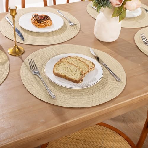 SHACOS 15 inch Round Placemats Set of 8 for Dining Table Cotton Polyester Braided Place Mats Washable Kitchen Table Mats for Dinner Party Table (Light Beige, 8)