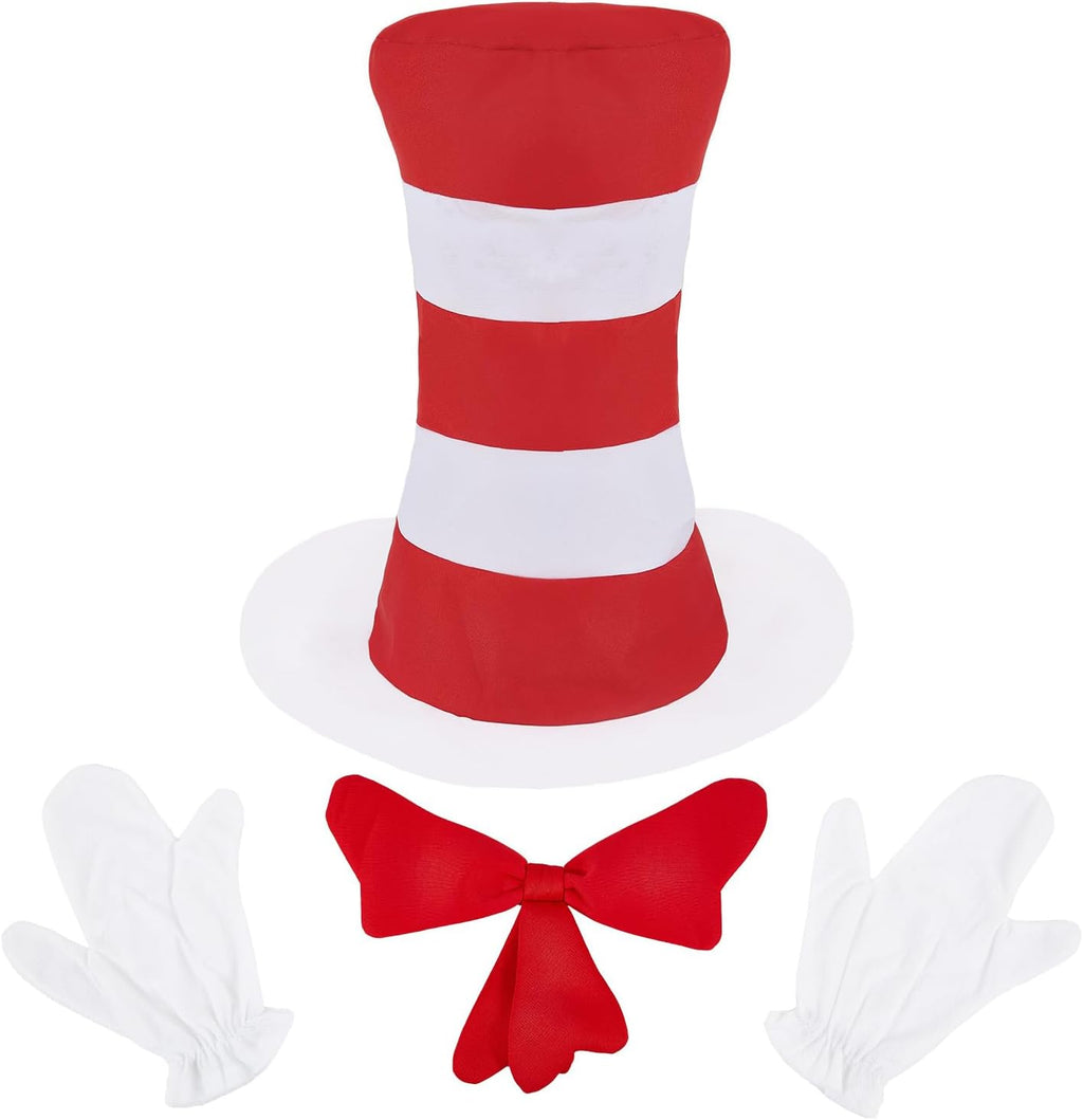 4 PCS Cat Hat Halloween Costume Accessories, Red White Striped Hat/Red Bow Tie/White Gloves for World Book Day Halloween Cosplay and Dress Up