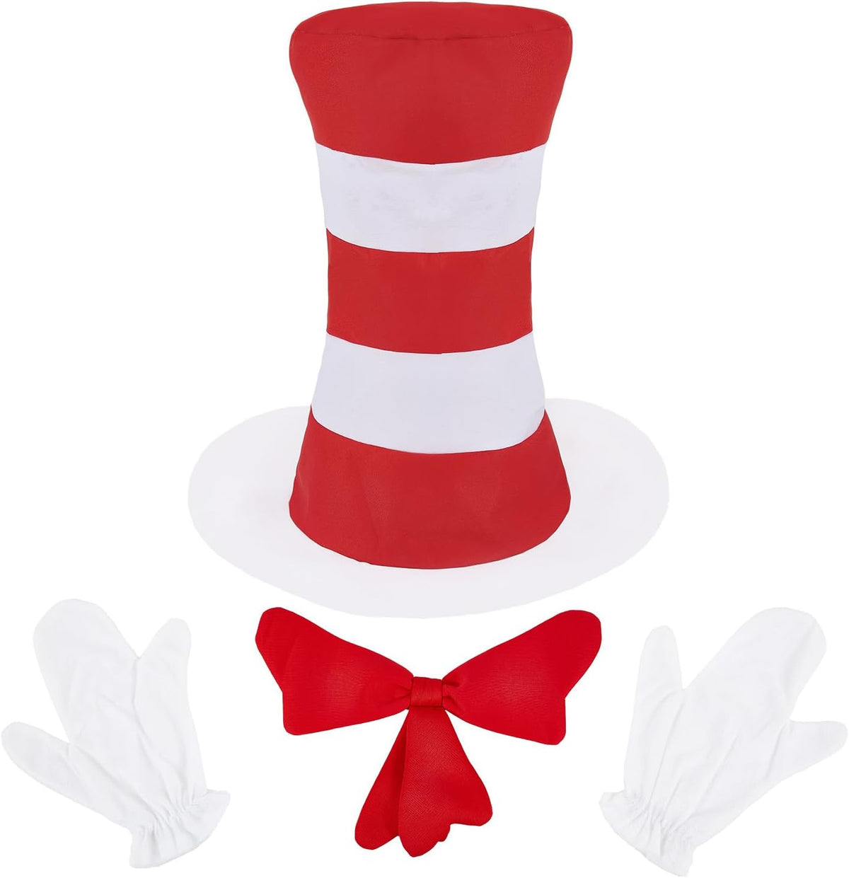 4 PCS Cat Hat Halloween Costume Accessories, Red White Striped Hat/Red Bow Tie/White Gloves for World Book Day Halloween Cosplay and Dress Up