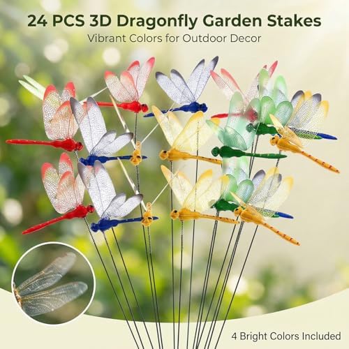 RAINFLOW 24 PCS Dragonfly Garden Stakes - Fake Dragonflies Outdoor Decor