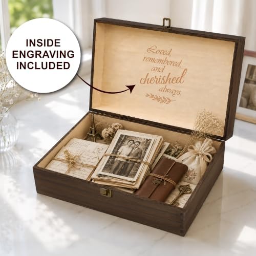 Memorial Engraved Wooden Keepsake Box, Memory Treasure Box with Inside Engraving, Sympathy Remembrance Gift Box for Photos, Letters, Mementos & Precious Memories, X-Large 14.15 x 9.5 x 4.5"