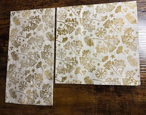 IHR Ideal Home Range Party Napkins Disposable 3-Ply Paper Lunch Napkin Pack, 6.5" x 6.5", Bright Winter Branches (Cream & Gold), 20-Count