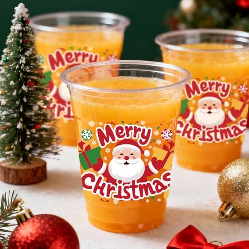 50 Pcs Christmas Party Cups, 12 oz Merry Christmas Clear Plastic Cups, Santa Claus Disposable Drinking Cup for Cold Beverage Ice Cream Snacks Xmas Winter Holiday Party Supplies