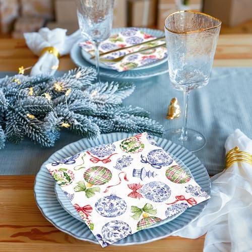 FYSUIMU Christmas Balls Paper Napkins Luncheon Napkin Chinoiserie Xmas Ball Disposable Dessert Dinner Hand Napkin for Holiday Party Decorations Supplies, 50 Pcs