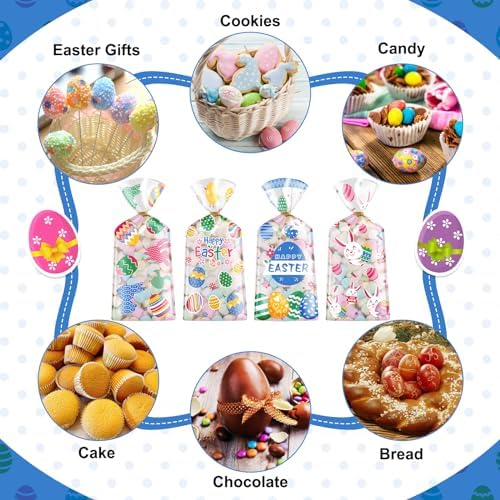100 Pcs Easter Treat Bags - Happy Easter Gift Bag, Easters Eggs Plastic Cellophane Bag, Clear Colorful Easters Bunny Goodie Candy Favor Bags with Gold Twist Ties for Easte Party Favors Supplies