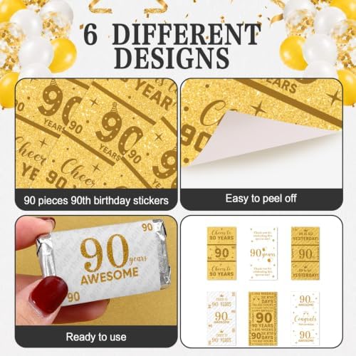 Tenare 90 Pcs 90th Birthday Candy Wrappers, White and Gold Stickers