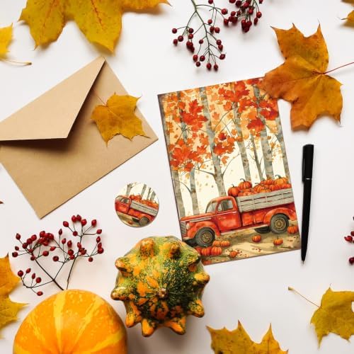 FYSUIMU Fall Greeting Cards 4 x 6 Inch Boxed Autumn Truck Pumpkin Leaves Blank Note Card with Envelopes Stickers Glue Stick for Thanksgiving Harvest Party Supplies, 20 Pack