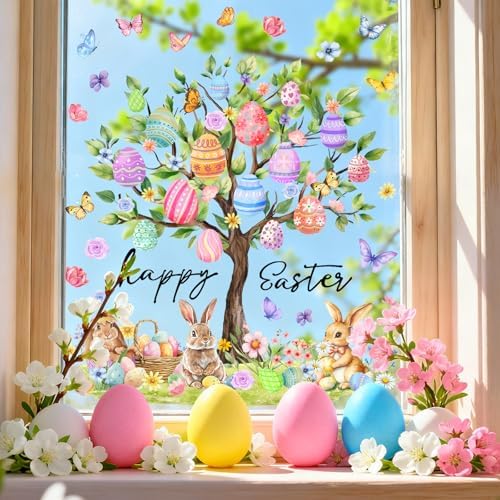 Whaline 6 Sheet Easter Window Clings Window Decal Large Bunny Rabbit Egg Tree Reusable Anti-Collision Windows Decor for Spring Holiday Home Classroom Office Party Supplies