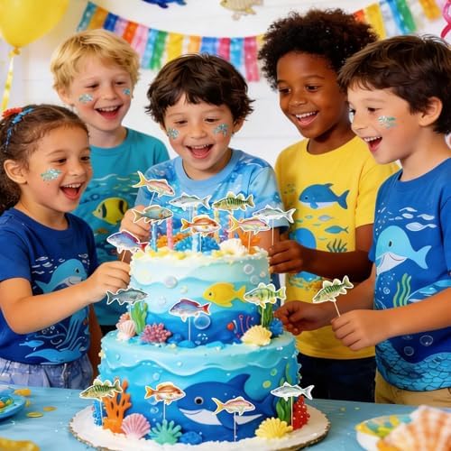 Hooqict 40Pcs Gone Fishing Cupcake Toppers Fish Birthday Cake Topper Decorations Cupcake Picks for Fishing Theme Party Decorations Baby Shower Summer Under The Sea Party Supplies