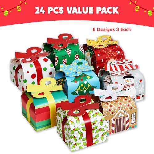 JOYIN 24 PCS 3D Christmas Goody Gift Boxes with Bow for Holiday Xmas Goodie Paper Boxes, School Classroom Party Favor Supply, 6” x 6” x 5.5” 8 Designs Candy Treat Cardboard Cookie Box for Gift Giving