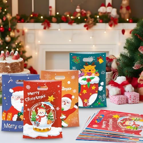 Litmitfu 50 Pcs Christmas Gift Bags with Handles, Plastic Merry Christmas Goodie Bags Bulk, Winter Candy Treat Tote Goody Cookie Party Favor Bag for Xmas Holiday Party Favors Supplies, 4 Styles