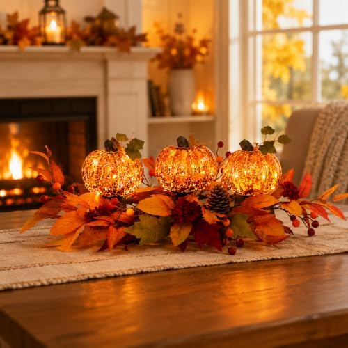 LED Lighted Pumpkin Fall Centerpiece with Maple Leaves, Berries & Pinecones - Battery Operated Thanksgiving Table Decor for Home, Mantel, or Dining