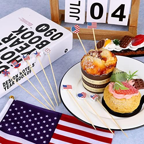 Aodaer 200 Pieces 4th of July Mini American Patriotic Cocktail Picks Independece Day Toothpicks Cocktail Sticks Wooden Cupcake Toppers for Food Fruit Sandwich Appetizer Drinks Party Decoration