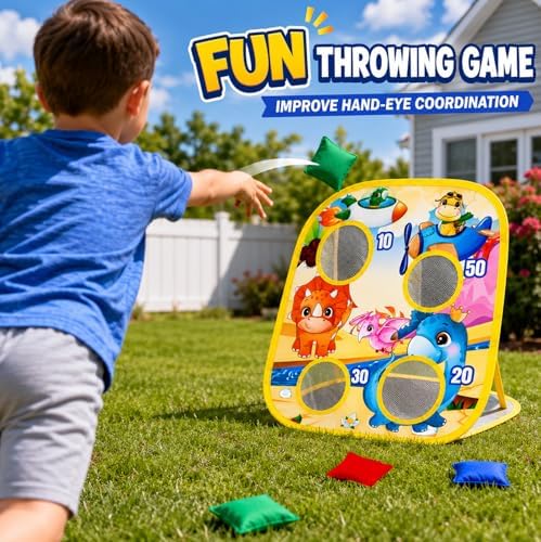 3 in 1 Bean Bag Toss Game for Kids, Dinosaur Cornhole Board with Magnetic Dart Board, Sticky Ball Tic Tac Toe, Outdoor Toys for Kids Ages 3-8, Backyard Beach Party Games Birthday Gifts for Boys Girls