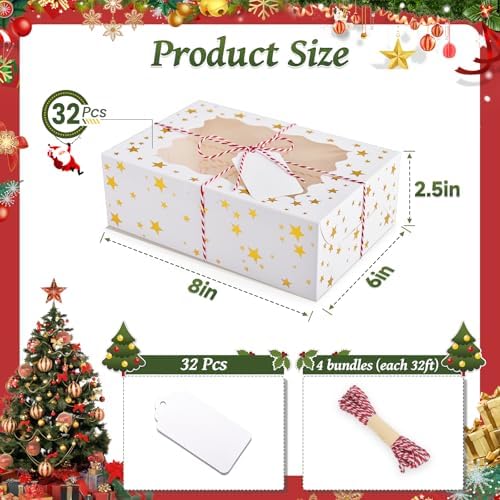 32Pcs 8x6x2.5 in Christmas Cookie Boxes with Window, White Gold-Star