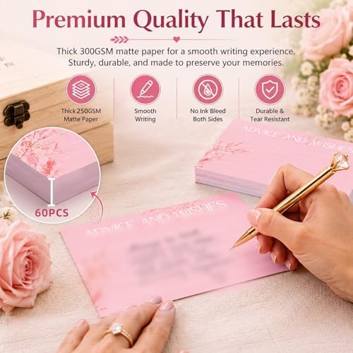 60pcs Pink Eucalyptus Advice and Wishes Cards, 5.7"x3.8" Wedding Advice Cards for Bridal Shower, 250gsm Thick Paper Wedding Guest Book Alternative, Perfect for New Mr & Mrs, Engagement, Party Favors