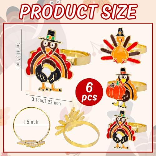 Whaline 6 Pcs Fall Thanksgiving Napkin Rings Metal Turkey Pumpkin Napkin Holders Harvest Party Napkins Buckle for Thanksgiving Autumn Harvest Dinner Party Table Setting Decor