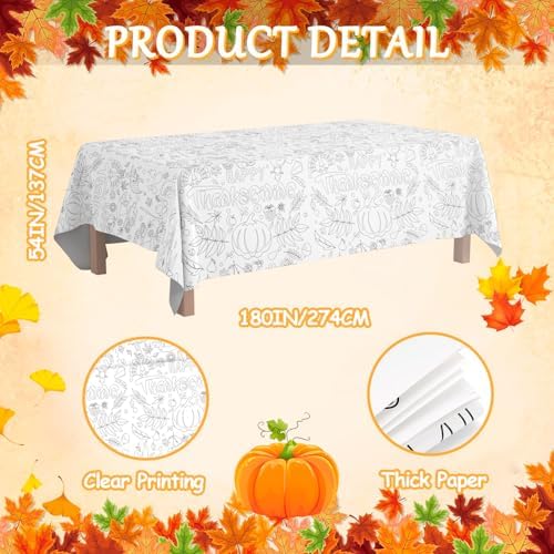108 x 54 Inch Thanksgiving Day Coloring Tablecloth, Leaves Giant Drawing Tablecloth Fall Festival Coloring Paper Table Cloth for Thanksgiving Fall Festival Party Crafts Game