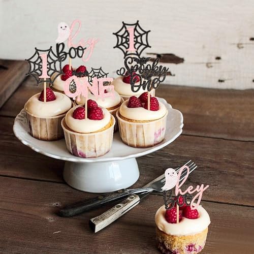 Ercadio 24Pcs Pink Spooky One Halloween Cupcake Toppers Ghost Spider Webs Cupcake Picks for Halloween Party Decorations Black Pink Halloween Girls Spooky One Birthday Cupcake Decorations