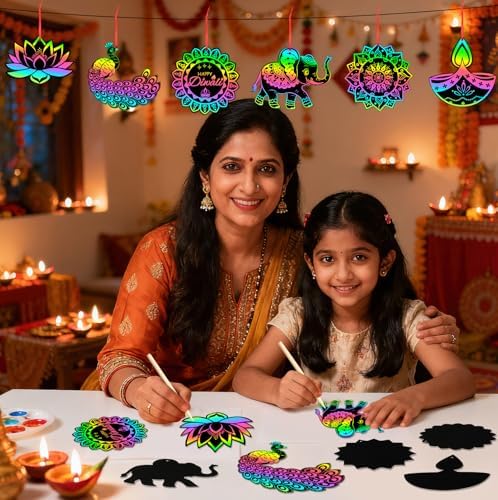 JULMELON 36 Pcs Diwali Crafts for Kids Rainbow Scratch Art Party Favors
