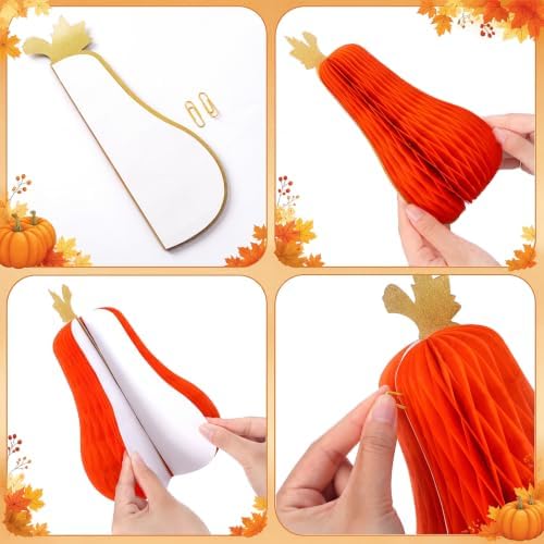Fourluoo 6 Pcs Fall Table Centerpiece Pumpkin Decorations 3D Paper Pumpkin Honeycomb Standing for Autumn Harvest Party Kitchen Tabletop Home Decor
