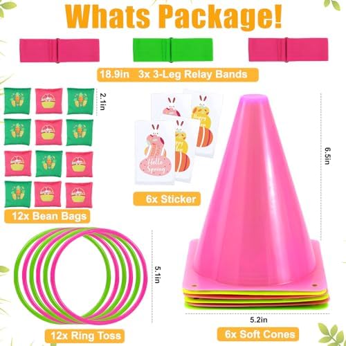 4 in 1 Easter Outdoor Games for Kids and Family, Easter Party Game with Ring Toss, Plastic Cones, Bean Bags, 3-Legged Race Bands, Carnival Spring Games Activities Combo Set for Adult Yard Classroom