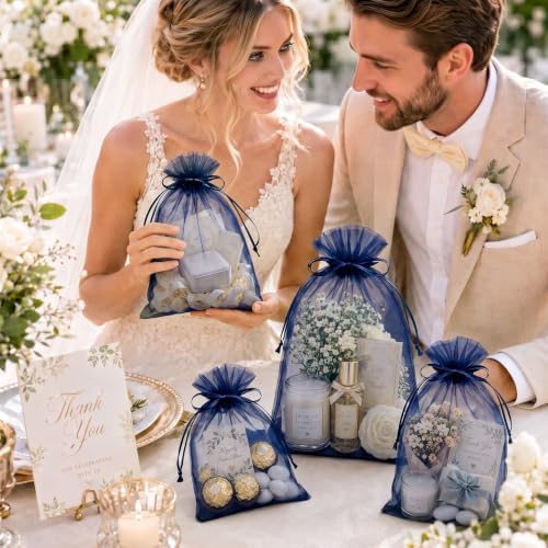 FUNFERY 100PCS Navy Blue Organza Gift Bags 5x7in,Drawstring Jewelry Pouch