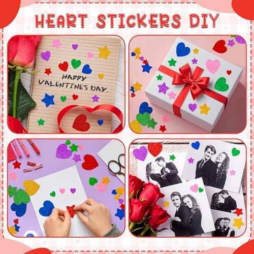 300 PCS Foam Stickers, Colorful Heart Stickers Glitter Star Heart Stickers, Self Adhesive Arts Craft Mini Star Bulk for Valentine Crafts DIY Greeting Card Envelopes Scrapbooking