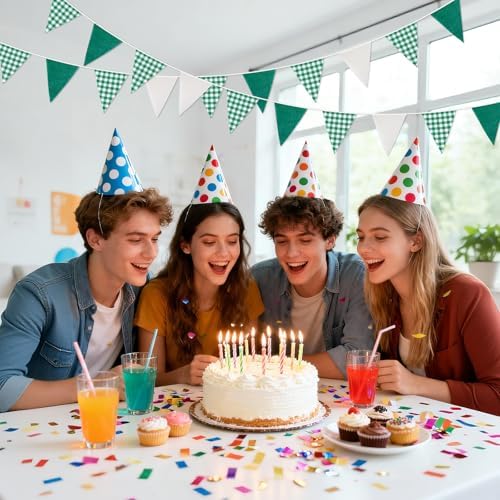 G2PLUS Green and White Gingham Fabric Bunting Banner, 32Ft Cotton Burlap Triangle Garland for Xmas, Wedding Décor, Birthday, Picnic, BBQ, Golf Party & Outdoor Celebrations