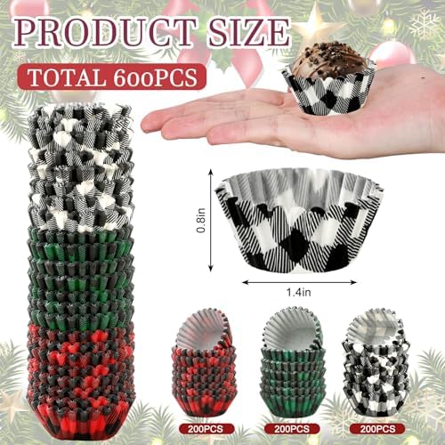 Whaline 600Pcs Christmas Cupcake Wrappers 3 Colors Buffalo Plaid Cupcake Liners Disposable Cake Holders Paper Muffin Cups for Baking Home Kitchen Holiday Party Supplies