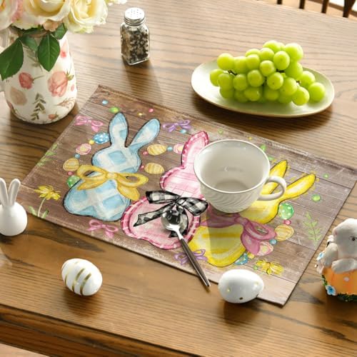 Artoid Mode Wood Bunny Rabbits Eggs Easter Placemats Set of 4, 12x18 Inch Floral Bow Seasonal Spring Holiday Table Mats for Party Kitchen Dining Decoration