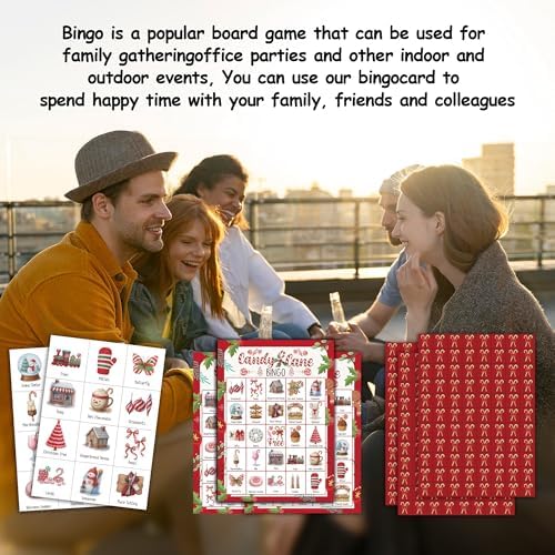 Christmas Party Bingo Game Cards, Candy Cane Bingo Set for Adults Large Group, Winter Holiday Fun Party Games, Xmas Activities Icebreaker Games, for Family Friends, 05